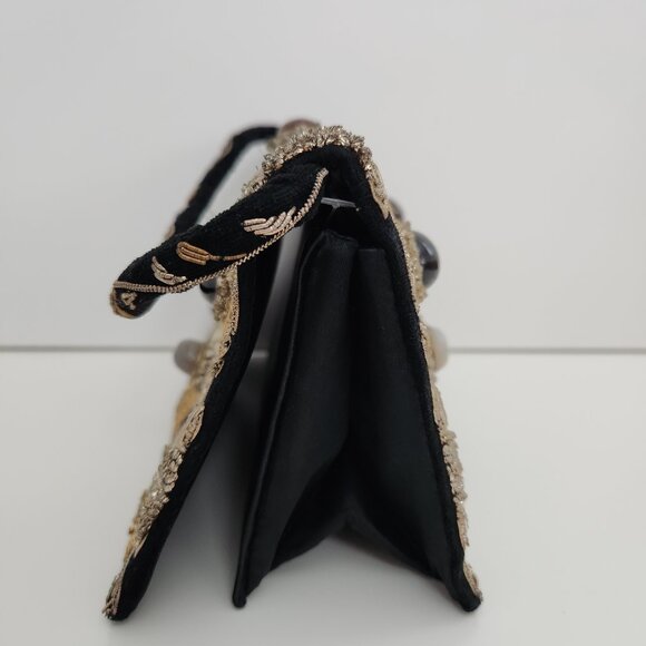 Vintage Evening Bag Jewel Beaded Black Ember Stones Embroidered 60\'s Clutch